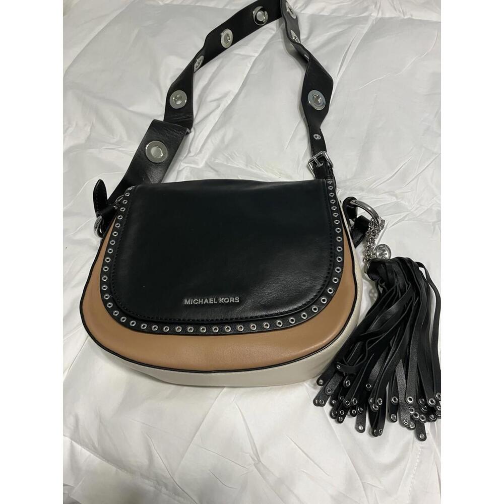 MICHAEL KORS Brooklyn Grommets Leather Saddle Shoulder Crossbody Black/brown New